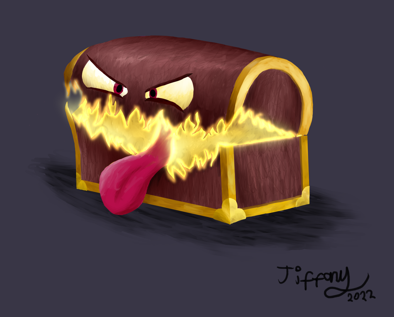 A wooden treasure chest with a monster's face and a giant toungue, the hinge opened with a sharp mouth revealing the gold beneath.